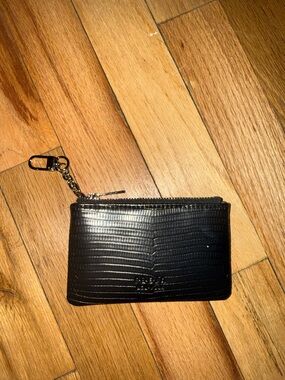 Black Textured Leather Zip Card Case with Key Clip